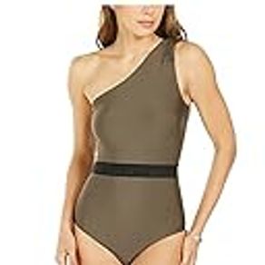 DKNY Women’s Belted One-Shoulder Tummy-Control One-Piece Swimsuit Olive 4