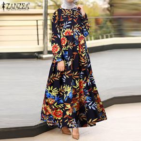 ZANZEA Women Long Sleeve Printed Vintage Muslim Long Dress