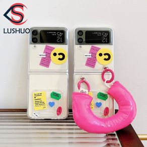 LUSHUO Phone Case for Samsung Galaxy Z Flip 3 5G and Z Flip 4 Fashion bracket funny Sticker with chain PC Hard Transparent Casing for Z Flip3 ZFlip3 ZFlip 3 Z Flip4 ZFlip 4