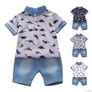 LOK04280 Ready Stock 0-4 Years Kids Boys Terno Summer Children Short Sleeve Dinosaur Print Tops Polo Shirts + Shorts Casual Cotton Sets