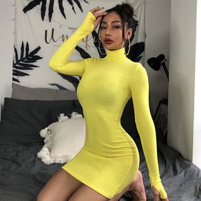 2023 Spring Fashion Stretch Mini Dress Women Party Vestido Sexy Solid  Turtleneck Skinny Straps Women Long Sleeve Slim Fit Dress - AliExpress