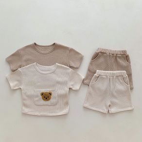 Korean Bear Baby Clothing Set Boys Girls Suits T shirts Short Sleeve Top + Shorts Two-piece Waffle Casual Toddler Outfits Summer