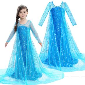 Snow Queen Baby Girls Frozen 2 Elsa Blue Dress Halloween Cosplay Costume Children Christmas Carnival Ball Gown Kids Long Dress