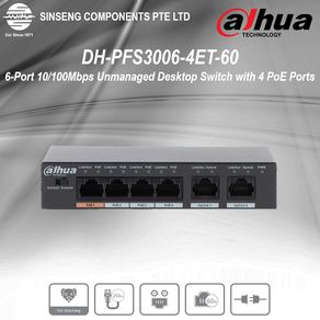 Dahua 4+2 Port PoE Switch with 2 Uplink + Extend Mode [Model:DH-PFS3006-4ET-60] 6-Port 10/100Mbps Network Switch