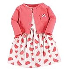 Hudson Baby Girls' Cotton Dress and Cardigan Set, Coral Watermelon, 5T