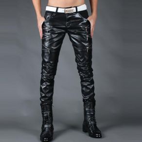 Black faux leather pants mens feet pants fashion motorcycle pu trousers for men personality pantalon homme autumn