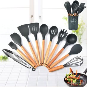 9/12pcs Wooden Handle Pink Cooking Tools Set Silicone Kitchen Cooking  Utensils Set With Storage Box Tongs Spatula Soup Spoon