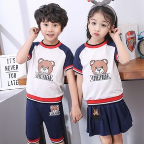 2Pcs Summer Cartoon Bear Outfits Set Kids Boys Girls T-shirt + Shorts/Dress Clothes Suit