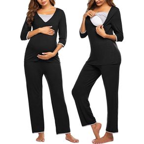 Maternity Pajama Set Long Sleeve Nursing Clothes Breastfeeding Adjustable Waist Pants Thin Soft Thermal Pregnancy Costume Suit