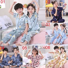 Fashion Kids Silk Stain Pyjamas Set Baju Tidur Children Boys Sleepwear Short Sleeve Pajamas Suit