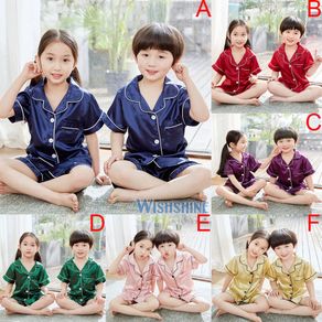 Children Kids Pajamas Baju Tidur Set Boys Girls Short Sleeve Sleepwear Silk Satin Pyjamas Nightwear Clothing
