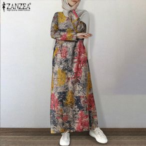 ZANZEA Women Long Sleeve Floral Printed Muslim Long Dresses