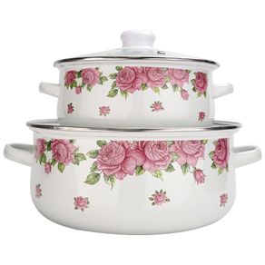 Flower porcelain enamel pan large capacity glass cover soup pot induction cooker gas general household stew hot pot saucepan