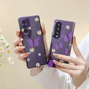 Laser Colorful Purple Butterfly Flower Transparent Hard Flip Case For Samsung Galaxy Z Fold 4 3 5G Z Fold4 Fold3 Phone Cover Casing