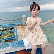Korean Version Girl Baby Halter Trendy Style Puff Sleeve Princess Dress Girls Floral 2022 Summer Middle Small Children Pure Cotton 3-8 Years Old Short A-Line