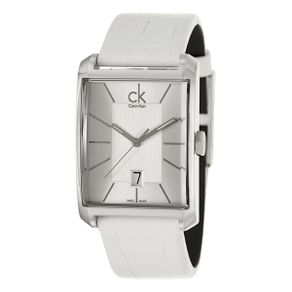 Calvin Klein Window Casual Mens Analog Silver Dial White Band Leather Strap Stainless-Steel Case Quartz 30 Meter 3 Bar Water Resistance K2M21120