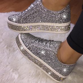 Vulcanized Shoes Women Casual Shoes Women Glitter Sneakers Bling White  Sneakers Lace-up Sparkly Shoes