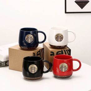 Starbucks Bronze Mug Classic Black White Medal Ceramic Cup Coffee Personal Couple Water With Lid Spoon