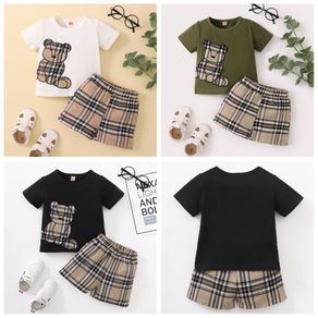 Toddler Baby Boy Casual Clothes Set Bears Print Short Sleeve T-shirt Top + Plaid Shorts 0-24 Months Baby Summer Outfit