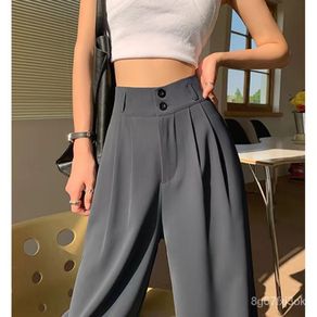 OFVOGUE Suit Pants High Waist Elastic Waist Straight Leg Pants Women Casual  Pants Seluar Slack Wanita Slimming Wide Leg