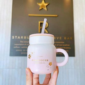 Starbucks 2021 New Style Pink Platinum Cherry Blossom Mason Straw Ceramic Milk Coffee Mug Water Cup With Lid