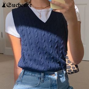 Women's V-Neck Knit Sweater Vest Solid Color Preppy Style Sleeveless Loose  Pullover Crop Knit Vest Top (Green)