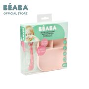 Beaba Silicone suction divided plate + 2nd age spoon - Pink | Beaba Official