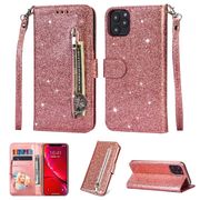 for iPhone 12 Pro Max 12 mini Leather Case Sparkly Bling Wallet Case Shiny Glitter Folio Cover with Metal Zipper Cash Card Holder Slot Magnetic Closure Wristband Flip Kickstand