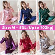 ✧▫❍M-5XL Ready Stock Plus Size Satin Long Sleeve Pajamas Baju Tidur Silk  Sleepwear