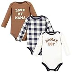 Hudson Baby Unisex Baby Cotton Long-Sleeve Bodysuits, Brown Navy Mamas Boy 3-Pack, Newborn, Brown Navy Mamas Boy 3-pack, Newborn