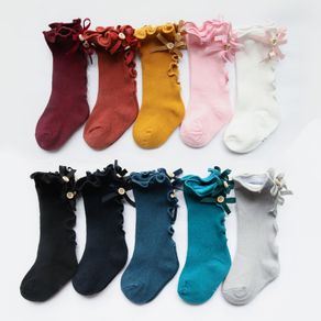 Boy Bow Girls Tube Socks Wooden Ear Lace Children Solid Color Baby Cotton Skarpetki Chaussette Enfant Toddler Knee pack
