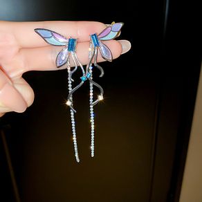 Korean Style Purple Enamel Butterfly Drop Earrings For Women Long Tassel Rhinestone Earrings Weddings Party Jewelry|Drop Earrings