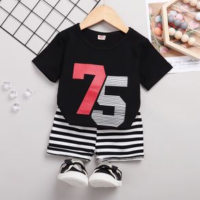 1-6 Years Kids Baby Boy Sport 2PCS Clothes Set 75 Print Short Sleeve T-shirt Top + Striped Shorts Summer Casual Daily Outfit