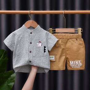 Summer New Children's Clothing Children's Clothing Boys' Summer Suit New Short-Sleeved Plaid Stand Collar Shirt Children's Shirt Casual Pants Two-Piece Suit