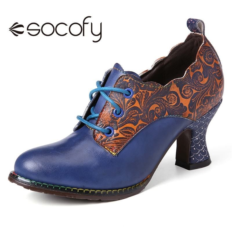 Socofy vintage floral genuine leather splicing on sale colored band stitching hook loop flat shoes