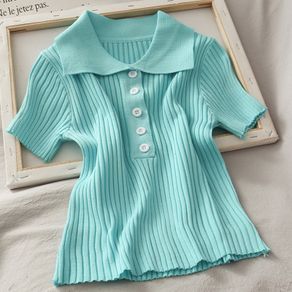 ITOOLIN Women Ribbed Button Up Polo Shirt Female Plain Short Sleeve Candy Colors Top Stretchy Slim Tee Shirts 2022 Summer