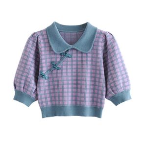 PERHAPS U Women Knitted Plaid Turn Down Collar Polo Shirt Violet Short Sleeve Elegant Crop Top Buckle B0580