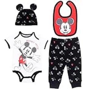 Disney Mickey Mouse Baby Boys Layette Set: Bodysuit Pants Hat Bib White/Black/Red 0-3 Months