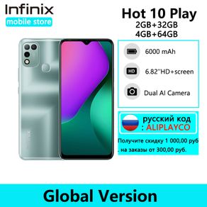 Global Version Infinix Hot 10 Play 4GB 64GB 6000mAh Battery Smartphone 6.82'' HD+ Display Helio G25 13MP AI Dual Rear Camera