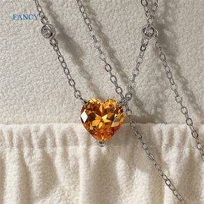 FANCY Bright Yellow/Pink Heart CZ Pendant Necklace For Women Simple Elegant Wedding Engagement Party Accessories Trendy Jewelry