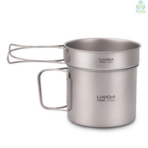 Lixada Ultralight Titanium Cookset Outdoor Camping Cookware Set 1100ml Pot and 350ml Fry Pan with Folding Handles[19][New Arrival]