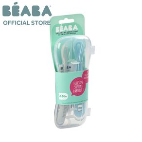 Beaba SET OF 2 silicone 1st age silicone spoon + Case (light Mist + Windy Blue) | Beaba Official