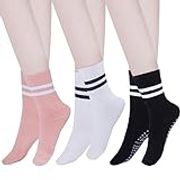 3 Pair Grip Socks Pilates Yoga Socks with Grips, Women Non Slip Socks Anti Skid Socks for Barre Ballet Dance Workout Hospital, One Size