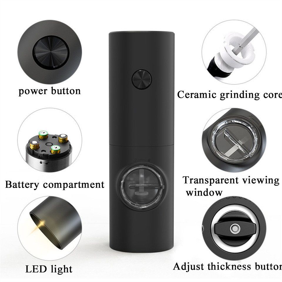 1set/2pcs Battery Powered Electric Pepper Grinder Black With Gravity Sensor  And Acrylic Storage Chamber