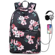 Waterproof Nylon Floral School Backpack Kids Bags College Girls Bookbag Daypack with USB Charging Port Travel Laptop Backpack