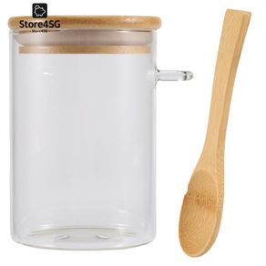 Glass Food Airtight Canister Castor Wooden Twist Lid Kitchen Candy Storage Tank Jar Bamboo Food Container with Wooden Spoon