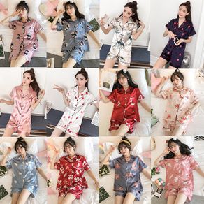 M-5XL Ready Stock Plus Size Satin Long Sleeve Pajamas Baju Tidur Silk Sleepwear