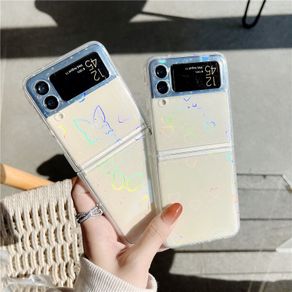 Laser Transparent Love Heart Hard Flip Case Samsung Galaxy Z Flip 3 5G Shockproof Shining Flower Phone Cover Casing