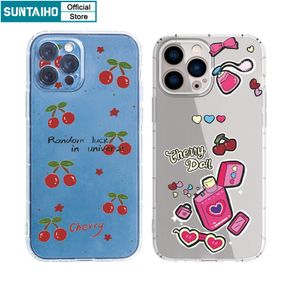 Suntaiho Fashion Sweet and Cute Cartoon Cherry Stickers Clear TPU Soft Case for iPhone 11 Pro Max 12 13 14 Pro XR XS Max 7 Plus 8 Plus Shockproof Casing