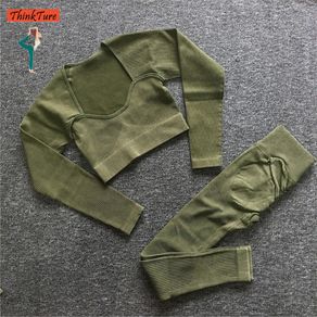ThinkTure Seamless Yoga Set Female Sand-washed Thread Women's Sports Suit Gym Clothes Long Sleeve Blouse Sweatshirt Crop Top + High-waist Peach Hip Fitness Tights Trousers